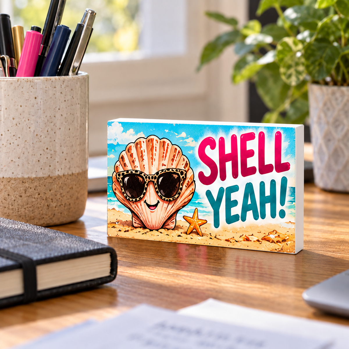 Shell Yeah! mini sign standing on a desk with white PVC edges.