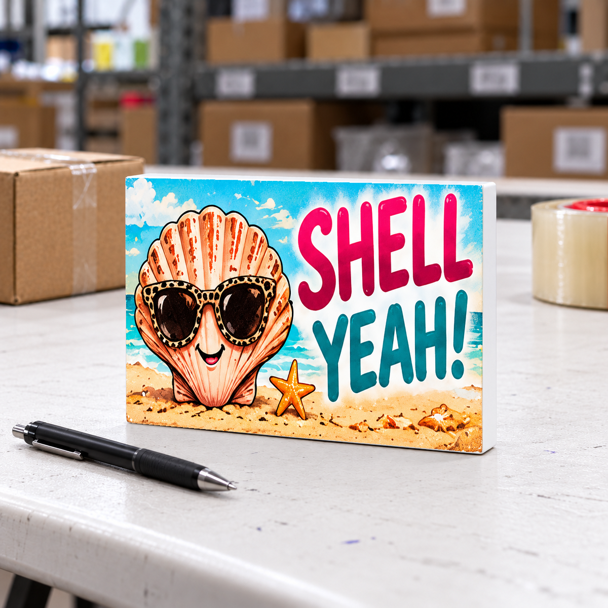 Shell Yeah! magnet and mini sign on a white folding warehouse table.