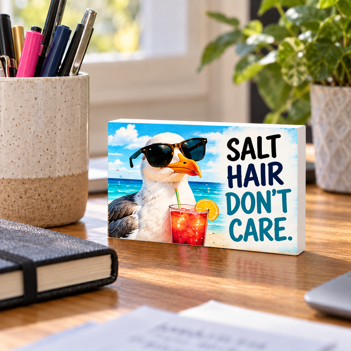 Salt Hair Don’t Care mini sign standing on a desk with white PVC edges.