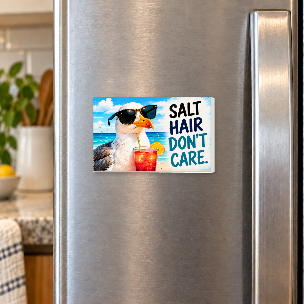 Salt Hair Don’t Care rectangular magnet shown front-facing on a refrigerator.