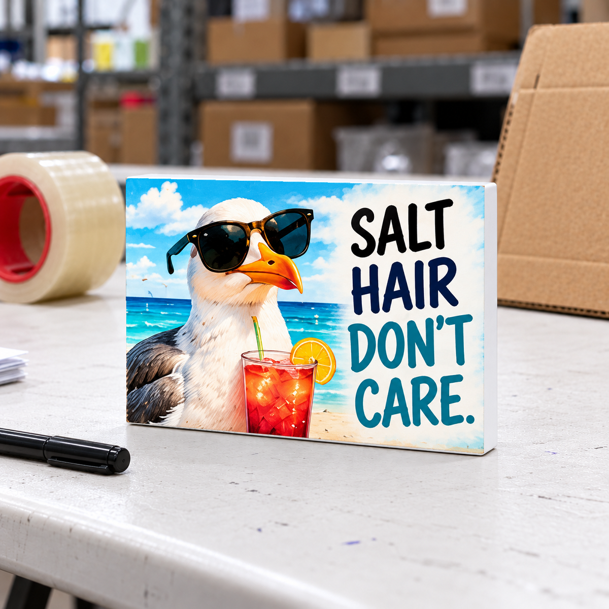 Salt Hair Don’t Care magnet and mini sign on a white folding warehouse table.