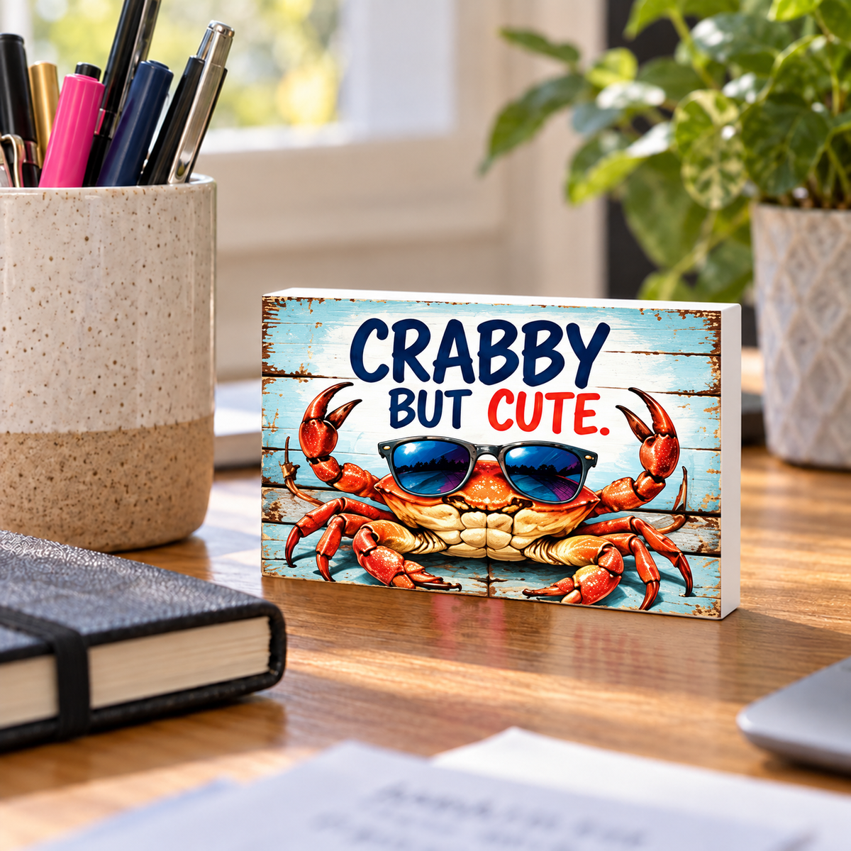 Crabby But Cute rectangular mini sign standing on a desk with smooth white PVC edges.