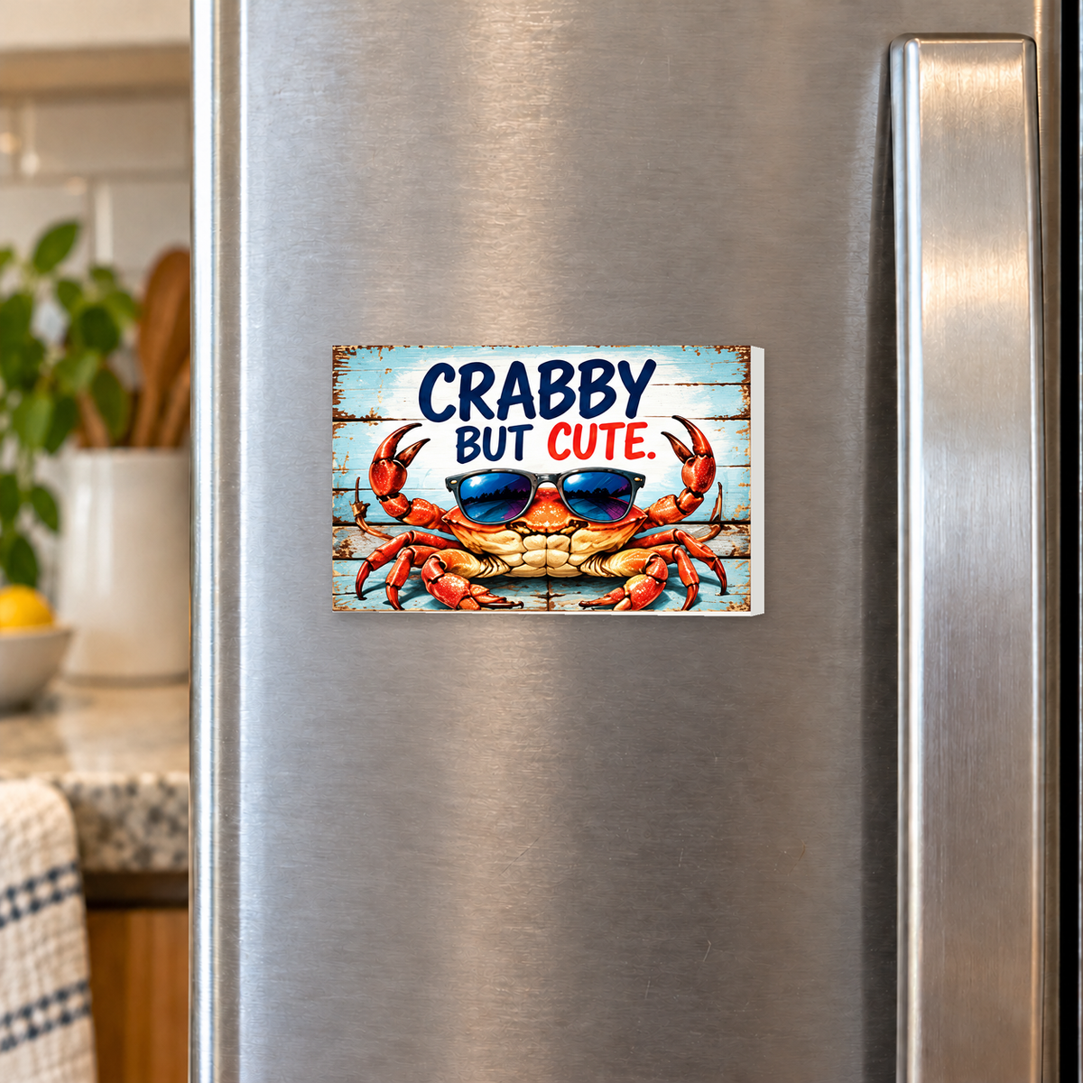 Crabby But Cute rectangular magnet shown front-facing on a refrigerator.