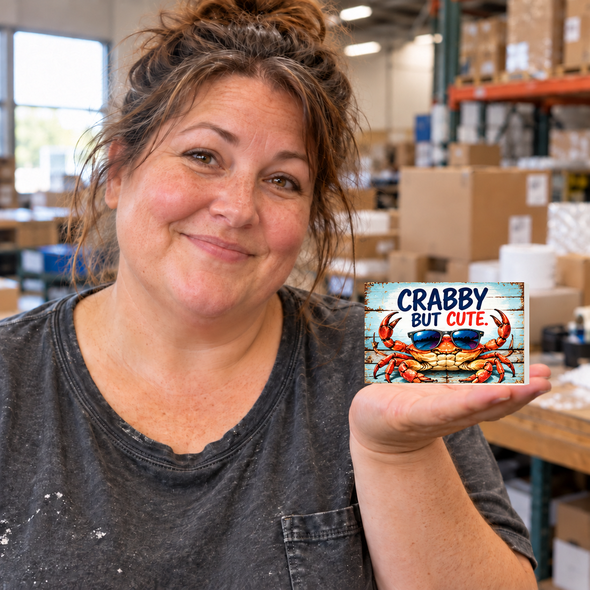 Crabby But Cute small rectangular magnet held on an open palm in a warehouse setting.