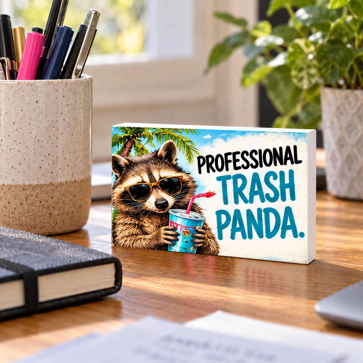 Professional Trash Panda mini sign standing on a desk with white PVC edges.
