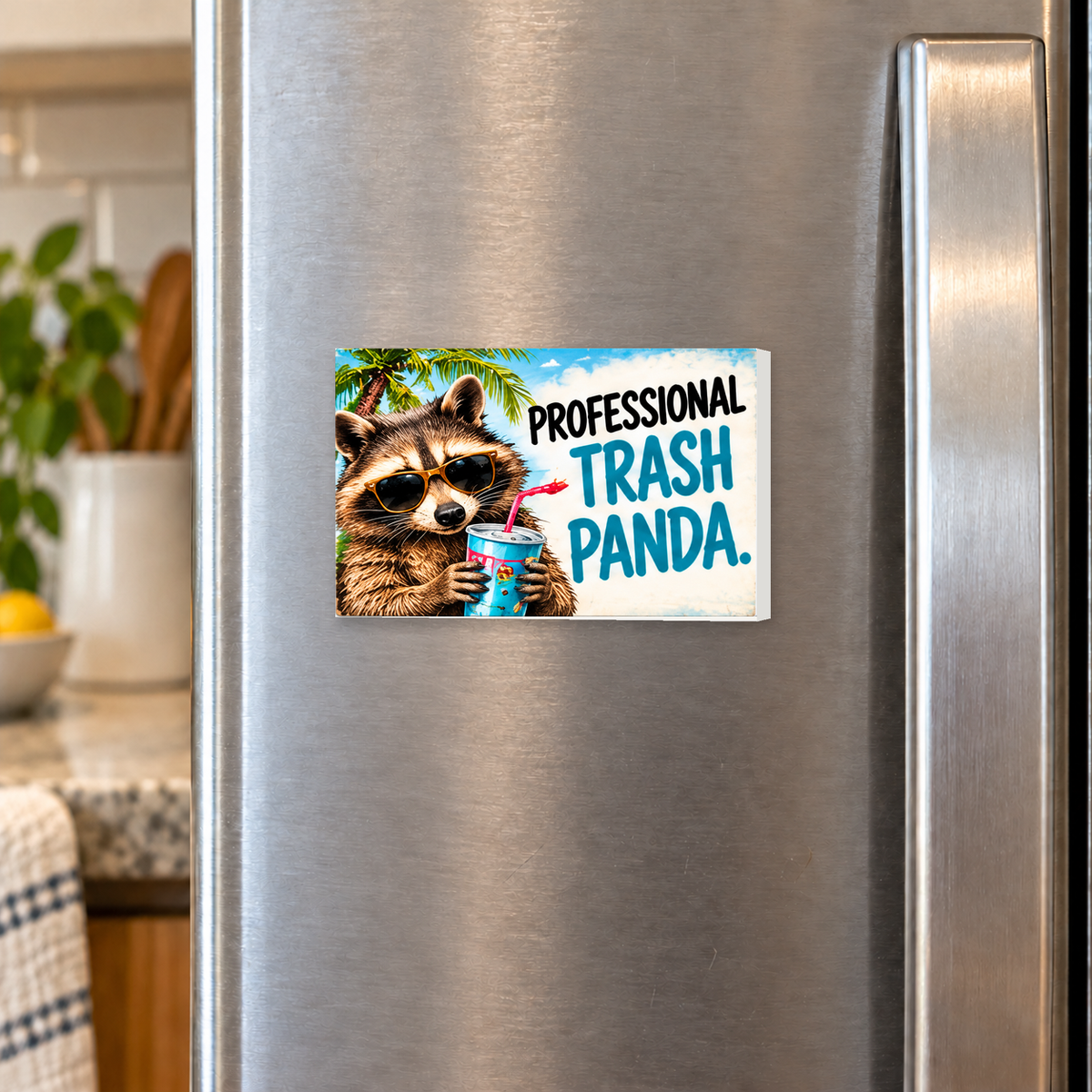 Professional Trash Panda rectangular magnet shown front-facing on a refrigerator.