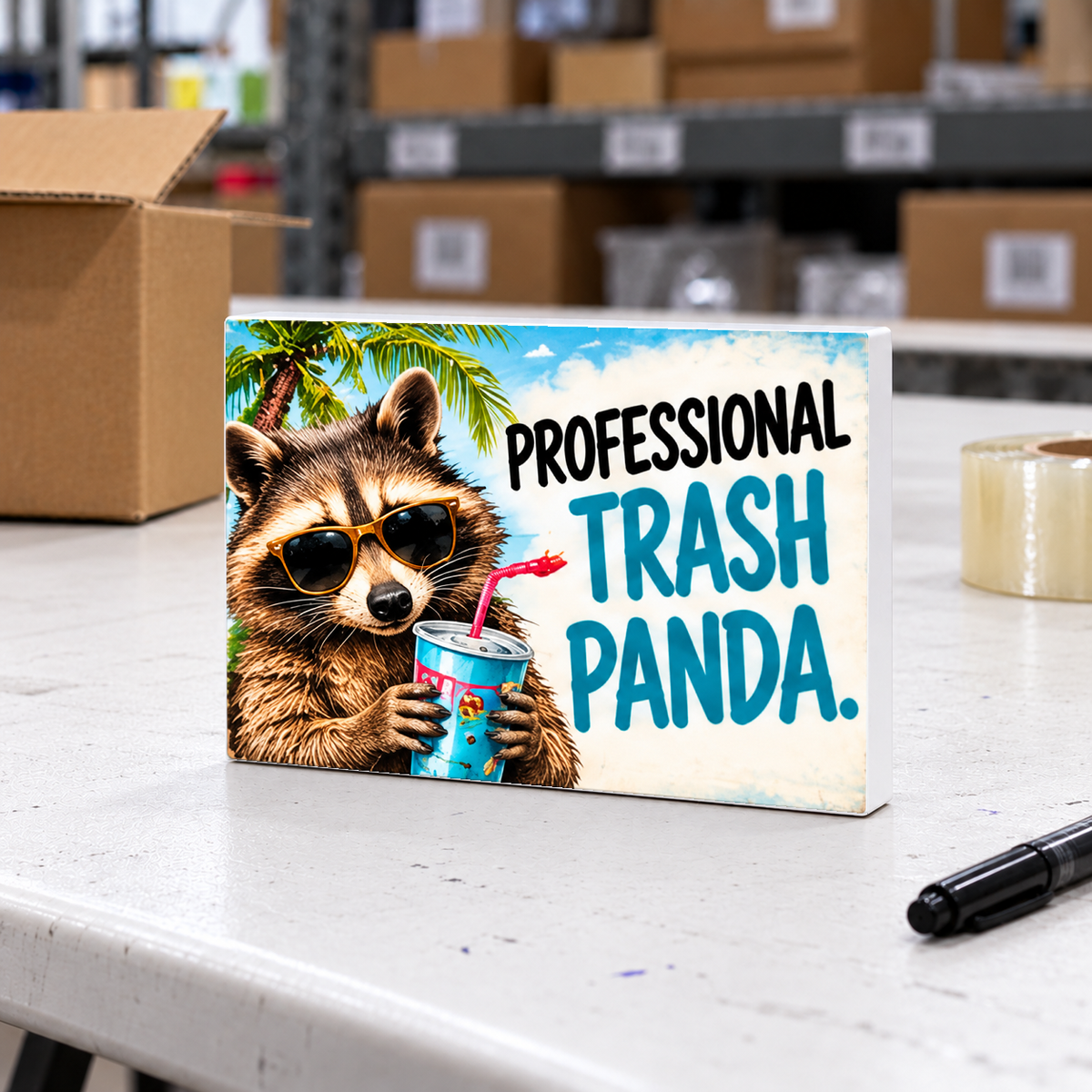 Professional Trash Panda magnet and mini sign on a white folding warehouse table.