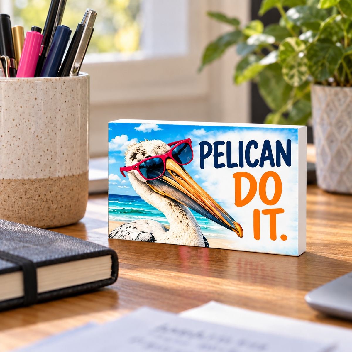 Pelican Do It mini sign standing on a desk with white PVC edges.
