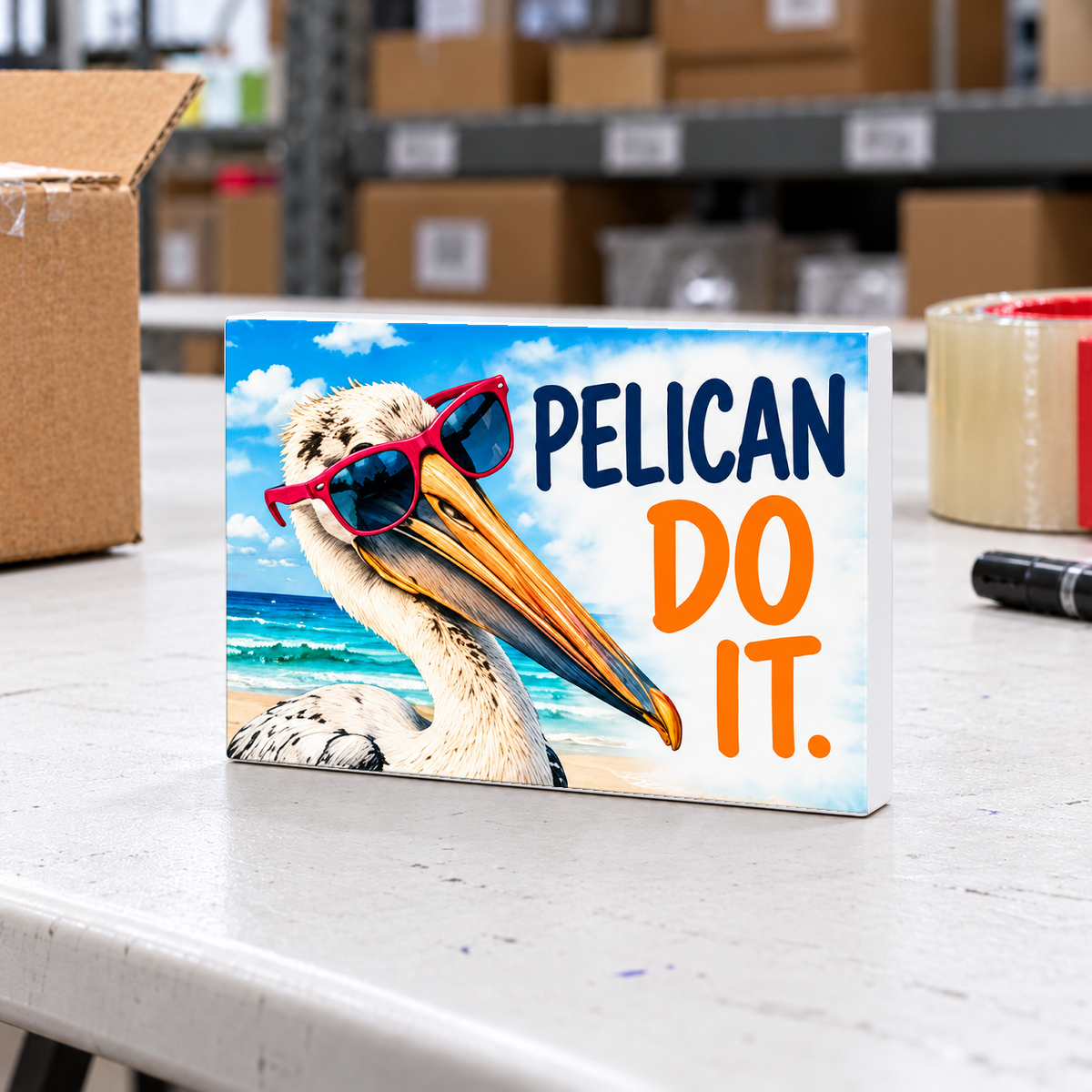 Pelican Do It magnet and mini sign on a white folding warehouse table.