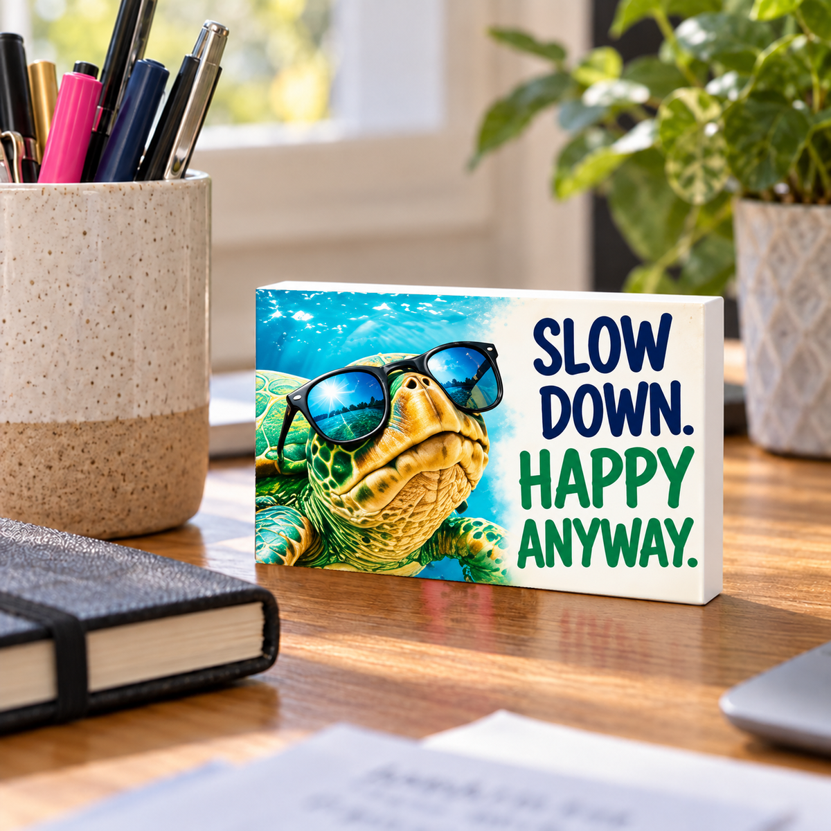 Slow Down Happy Anyway mini sign standing on a desk with white PVC edges.