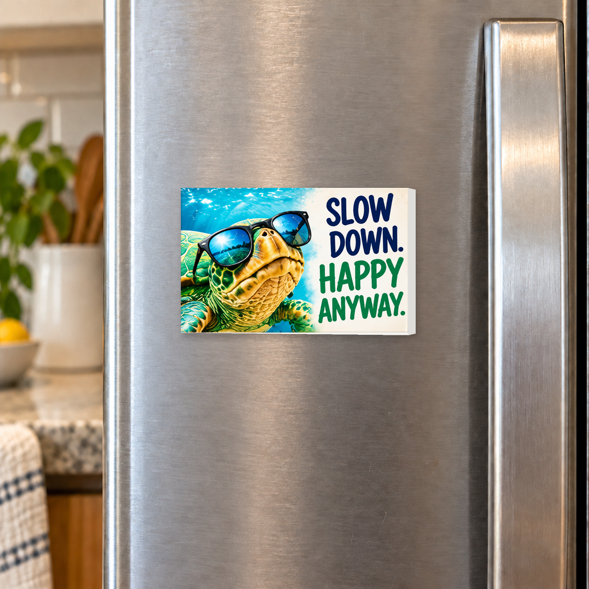 Slow Down Happy Anyway rectangular magnet shown front-facing on a refrigerator.