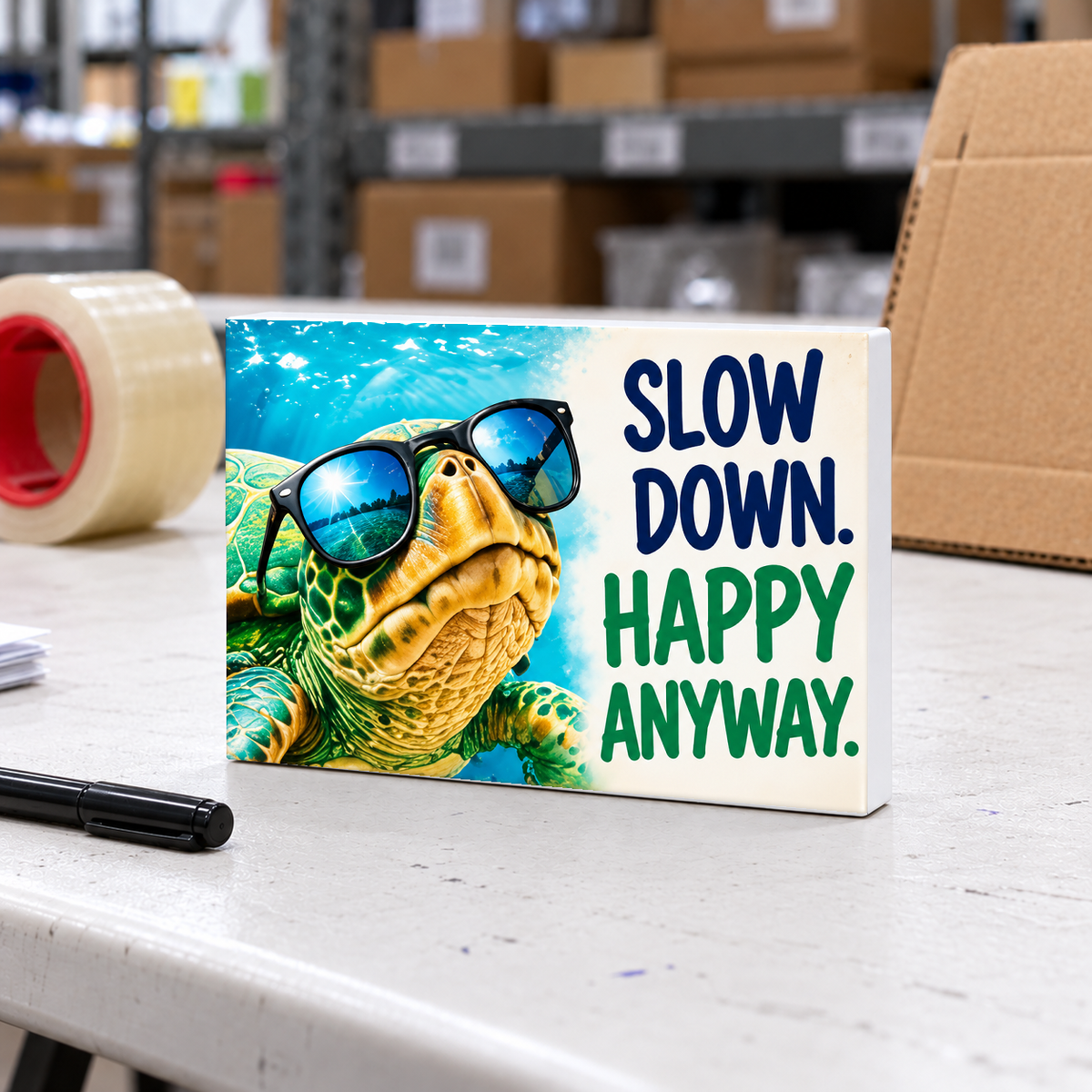 Slow Down Happy Anyway magnet and mini sign on a white folding warehouse table.