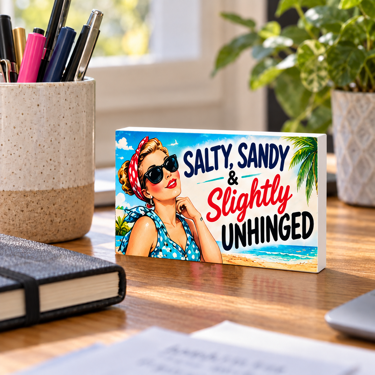 Salty, Sandy & Slightly Unhinged mini sign standing on a desk with white PVC edges.