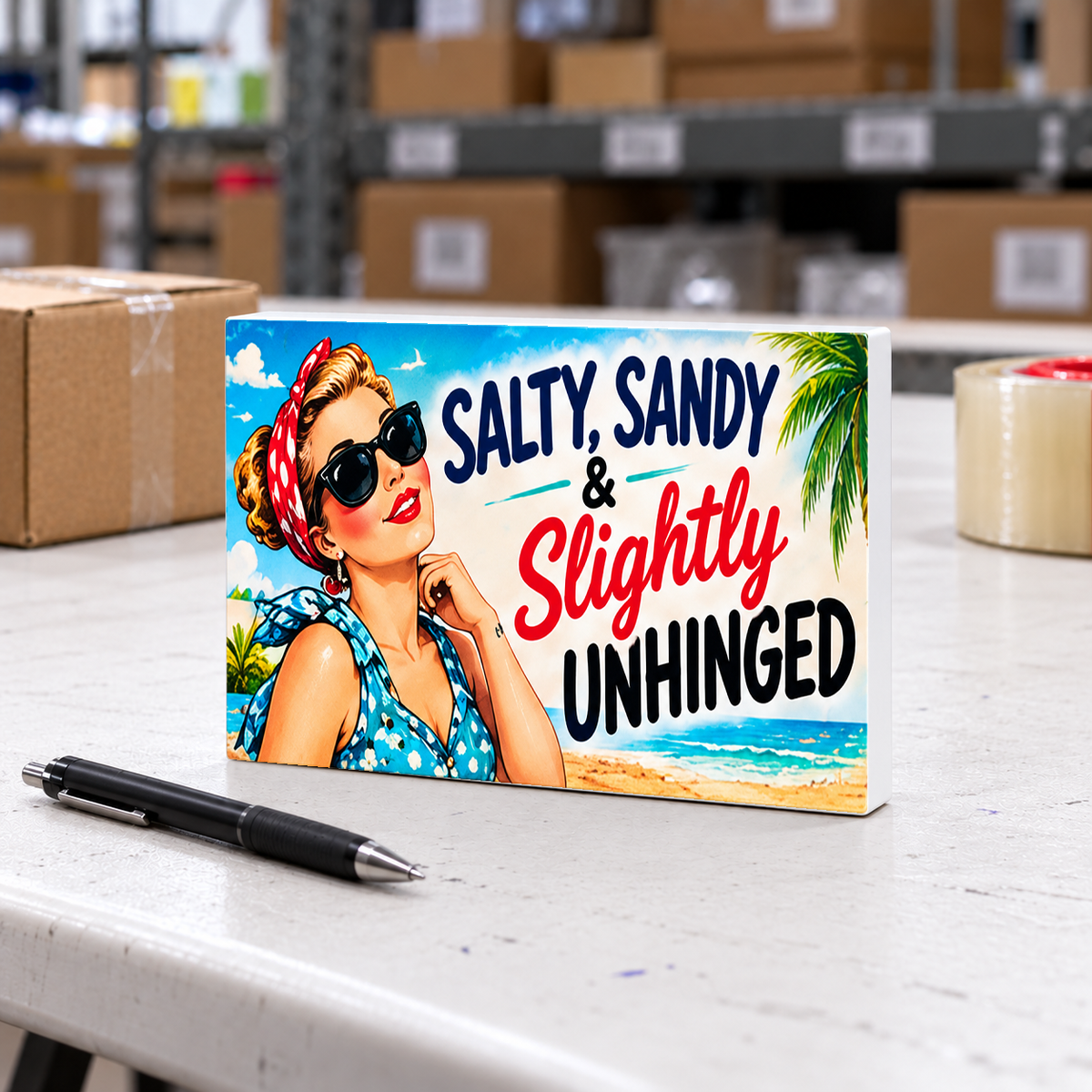 Salty, Sandy & Slightly Unhinged magnet and mini sign on a white folding warehouse table.