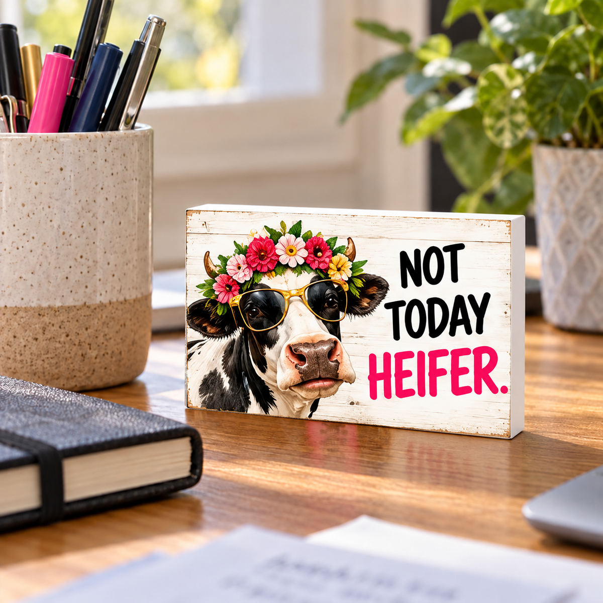 Not Today Heifer mini sign standing on a desk with white PVC edges.