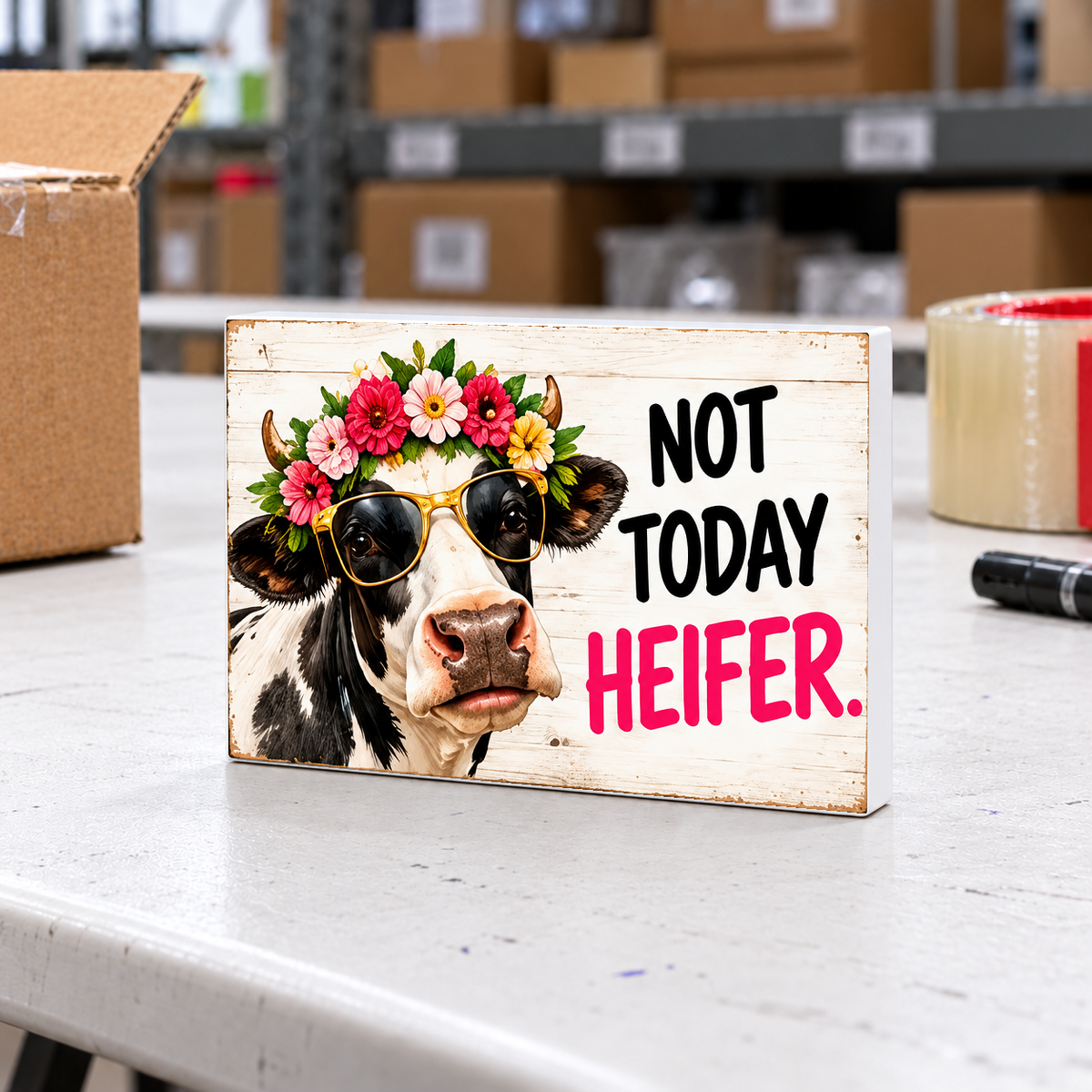 Not Today Heifer magnet and mini sign on a white folding warehouse table.