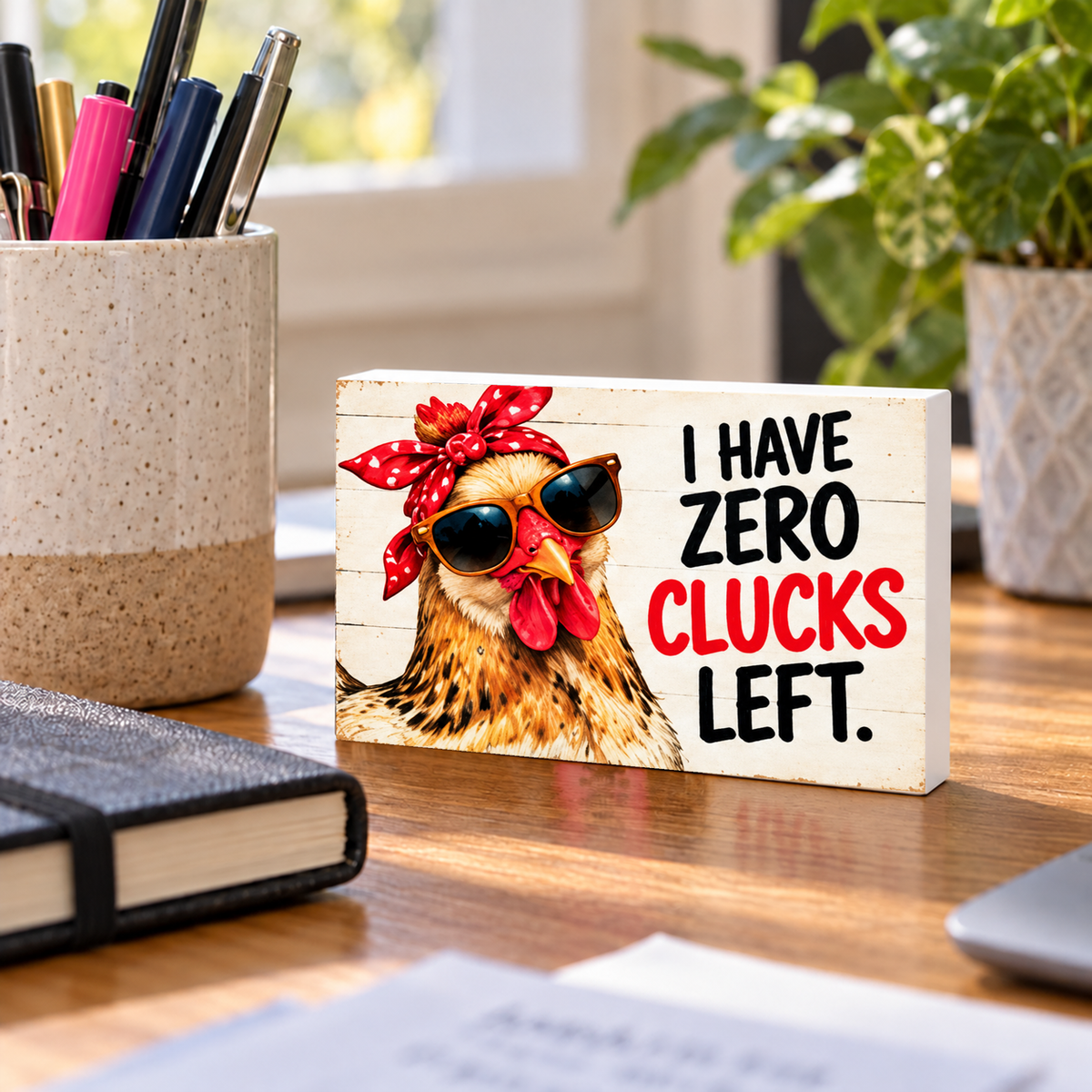I Have Zero Clucks Left mini sign standing on a desk.