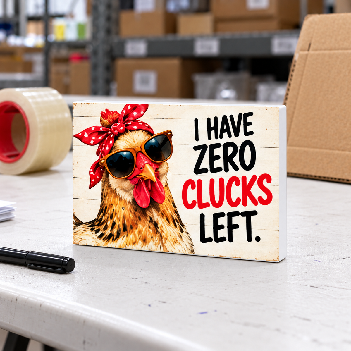 I Have Zero Clucks Left mini sign on a white folding warehouse table with packing supplies.