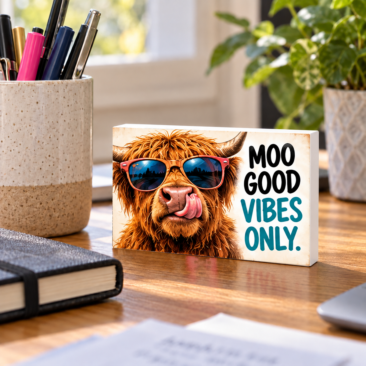 Moo Good Vibes Only mini sign standing on a desk with white PVC edges.