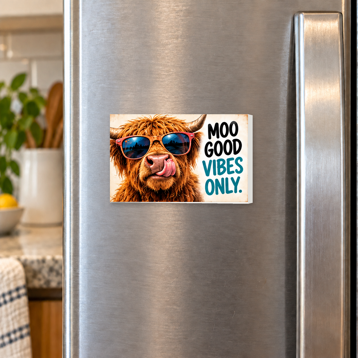 Moo Good Vibes Only rectangular magnet shown front-facing on a refrigerator.