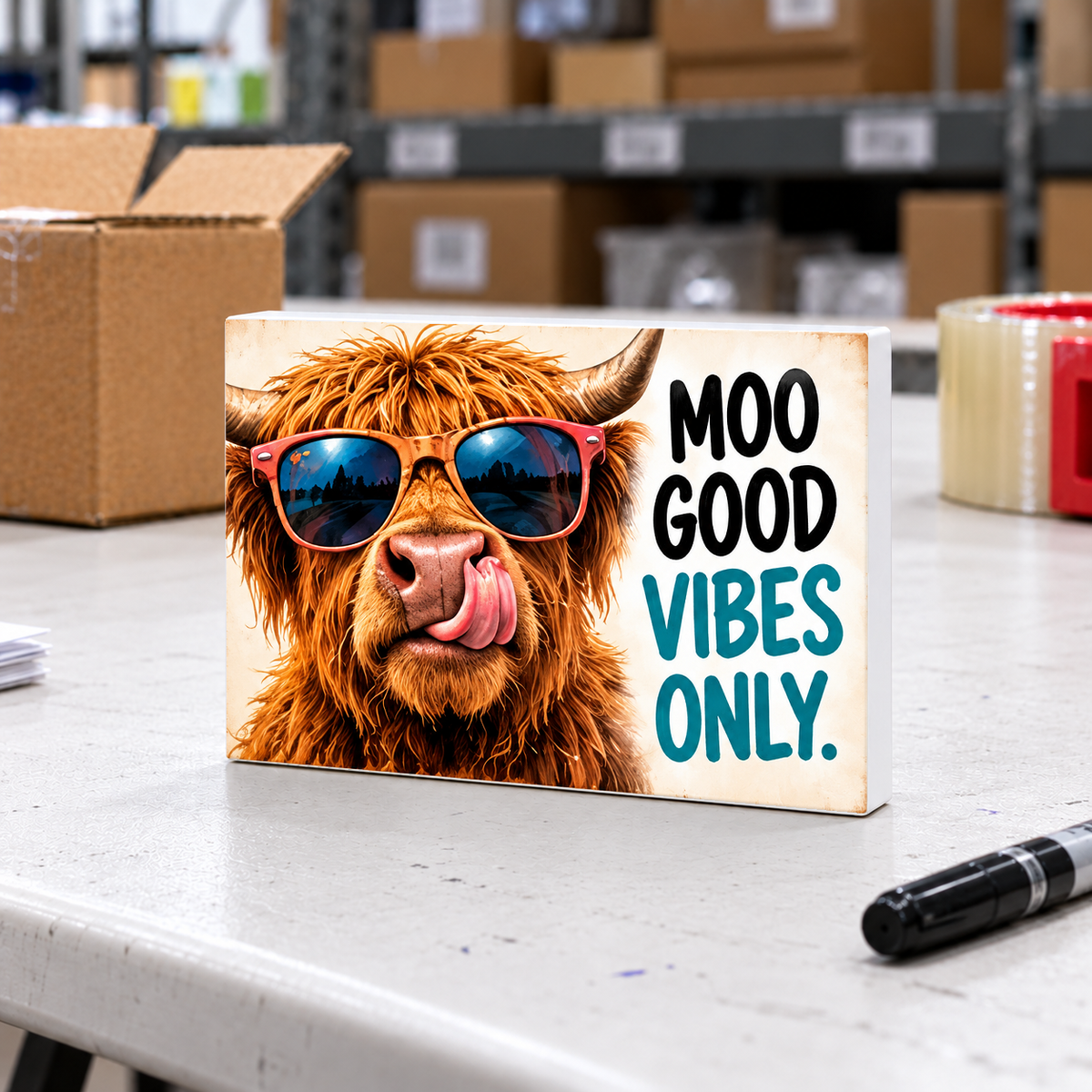 Moo Good Vibes Only magnet and mini sign on a white folding warehouse table.
