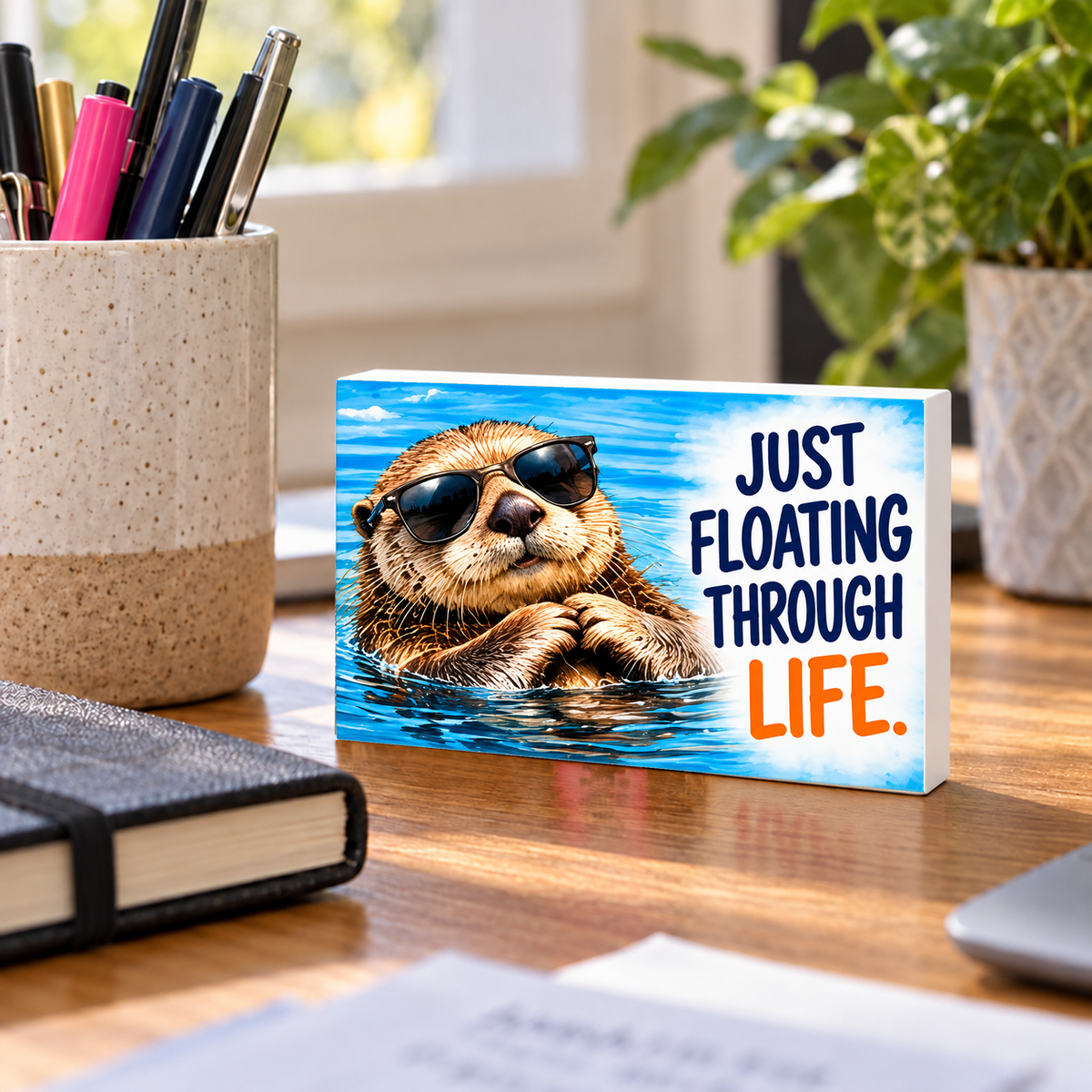 Just Floating Through Life mini sign standing on a desk with white PVC edges.