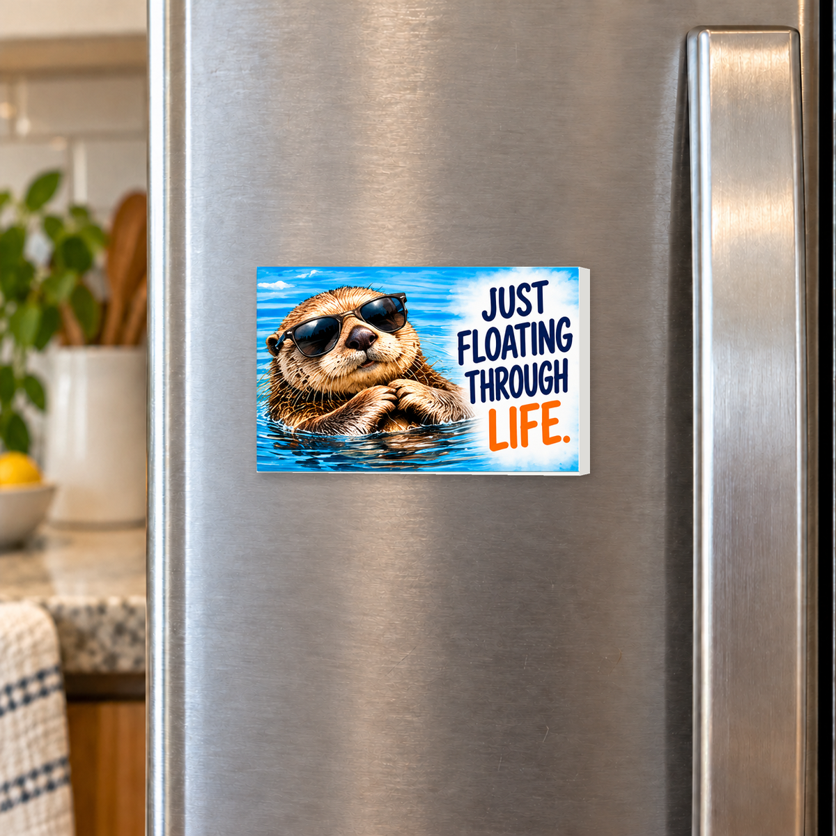 Just Floating Through Life rectangular magnet shown front-facing on a refrigerator.