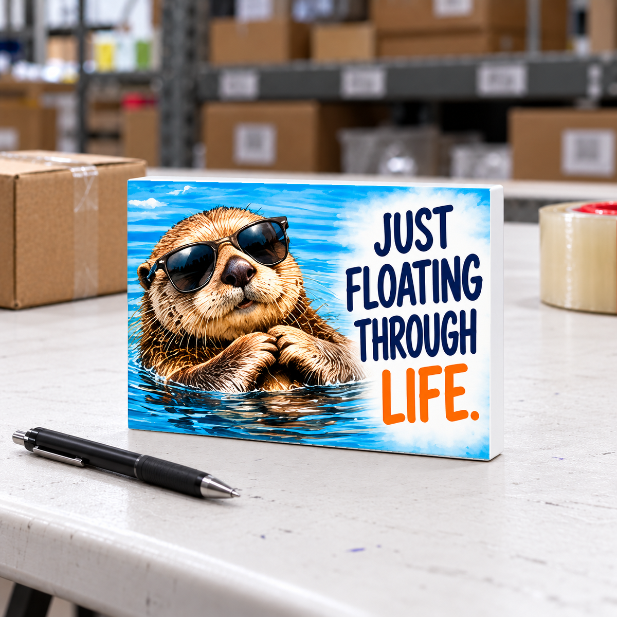 Just Floating Through Life magnet and mini sign on a white folding warehouse table.