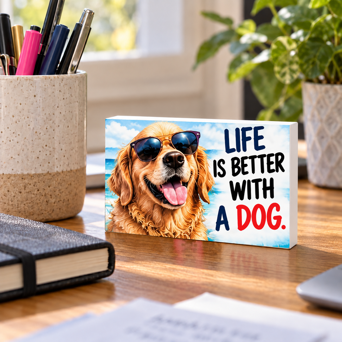 Life Is Better With a Dog mini sign standing on a desk with white PVC edges.