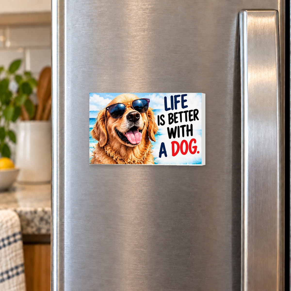 Life Is Better With a Dog rectangular magnet shown front-facing on a refrigerator.