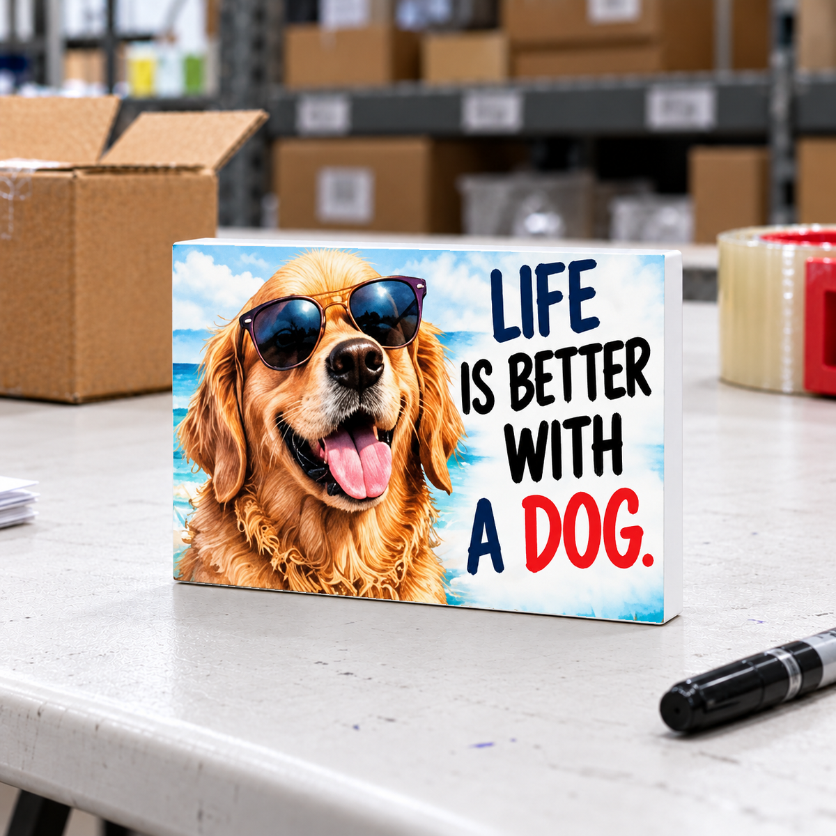 Life Is Better With a Dog magnet and mini sign on a white folding warehouse table.