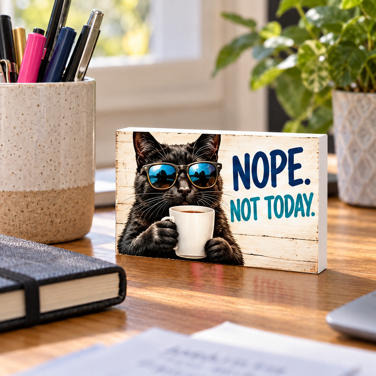 Nope Not Today mini sign standing on a desk with white PVC edges.