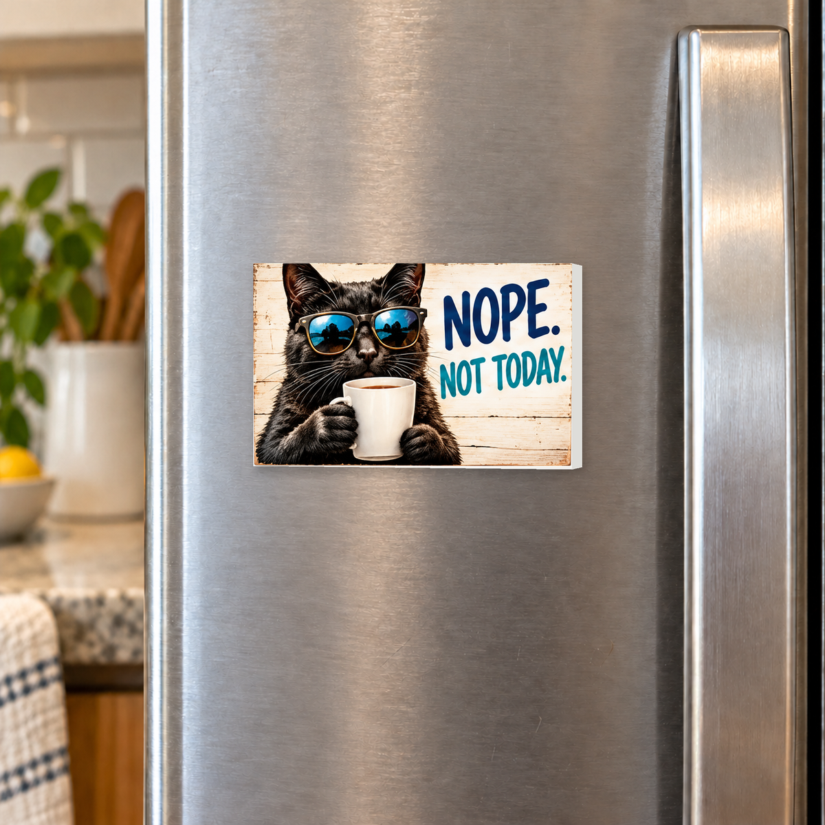 Nope Not Today rectangular magnet shown front-facing on a refrigerator.