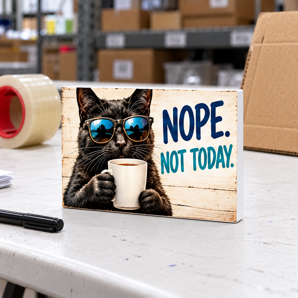Nope Not Today magnet and mini sign on a white folding warehouse table.