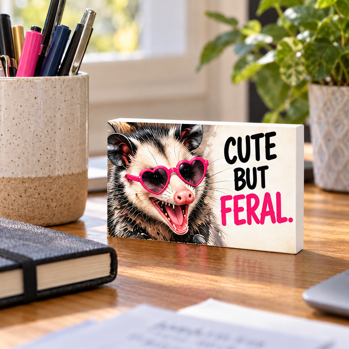 Cute But Feral rectangular mini sign standing on a desk with white PVC edges.