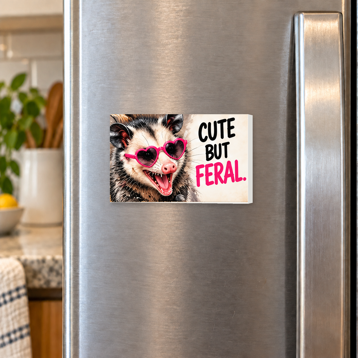 Cute But Feral rectangular magnet shown front-facing on a refrigerator.