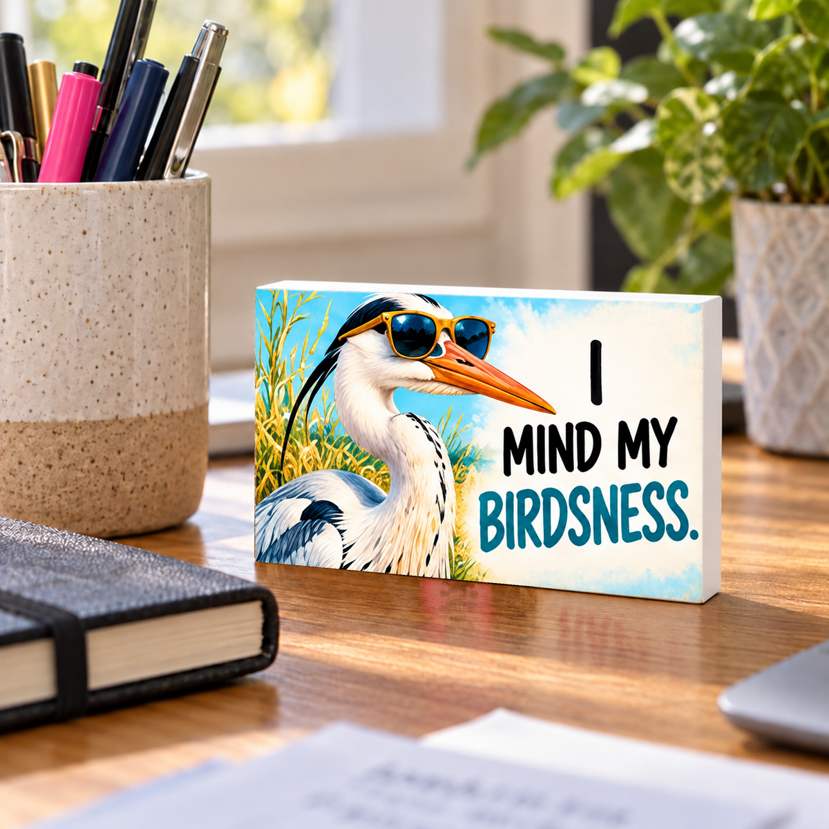 I Mind My Birdsness mini sign standing on a desk.