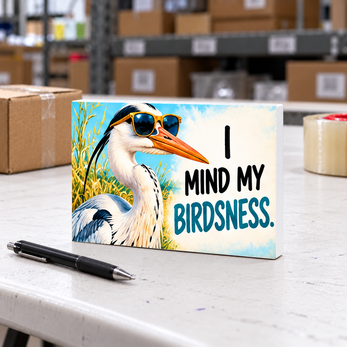 I Mind My Birdsness mini sign on a white folding warehouse table with packing supplies.