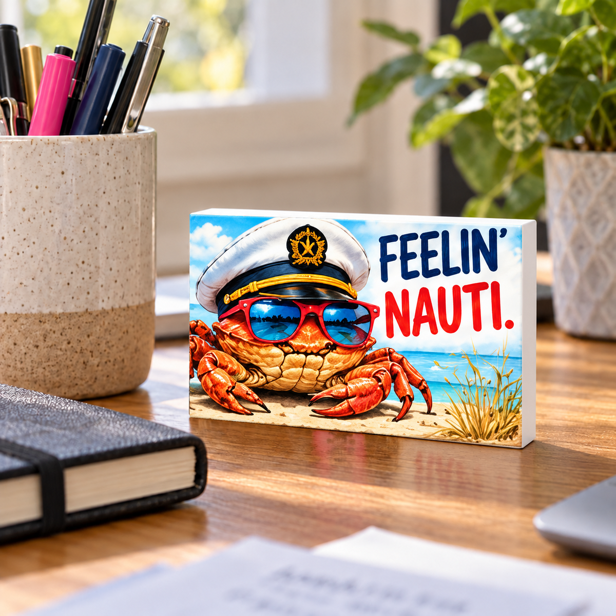 Feelin' Nauti rectangular mini sign standing on a desk with white PVC edges.