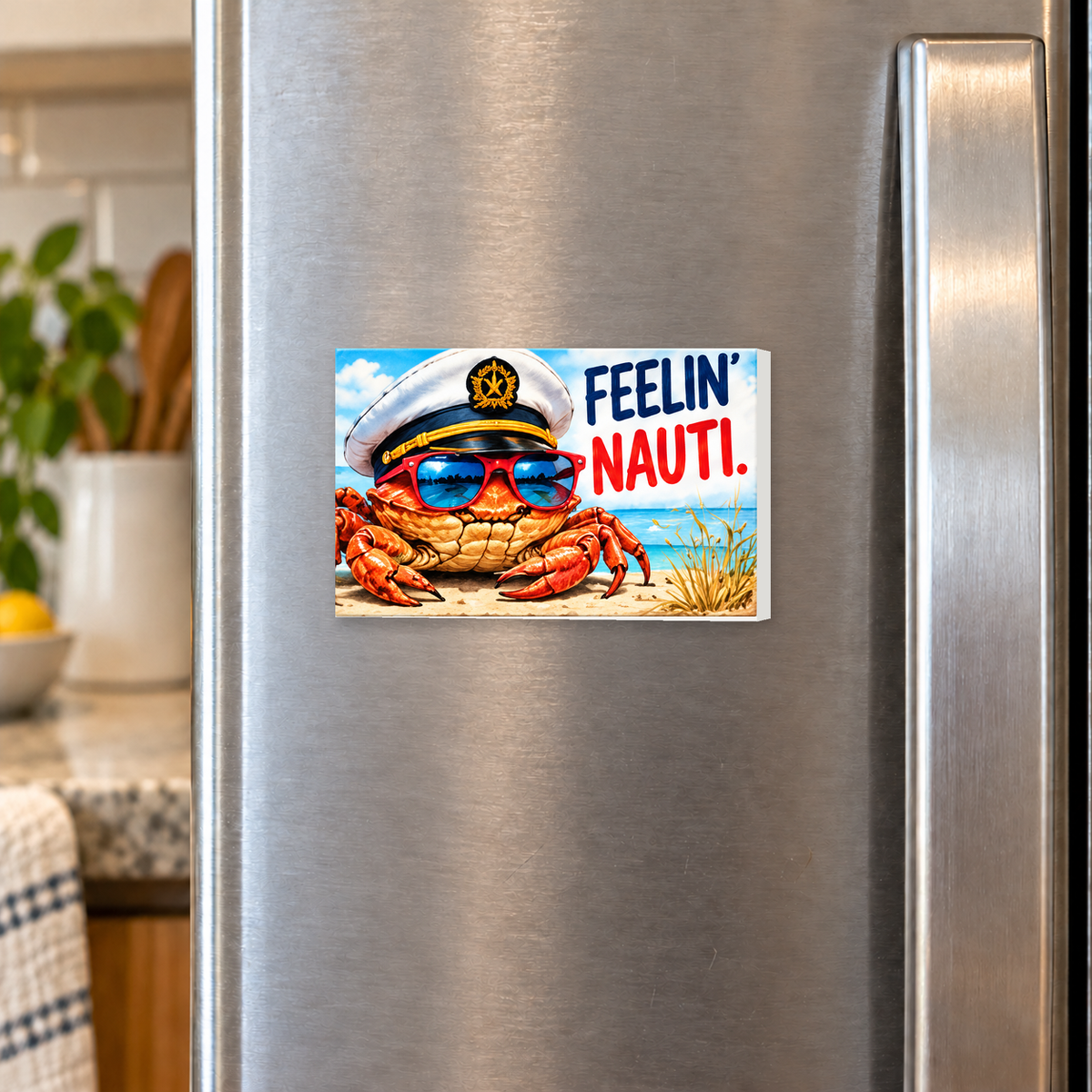 Feelin' Nauti rectangular magnet shown front-facing on a refrigerator.
