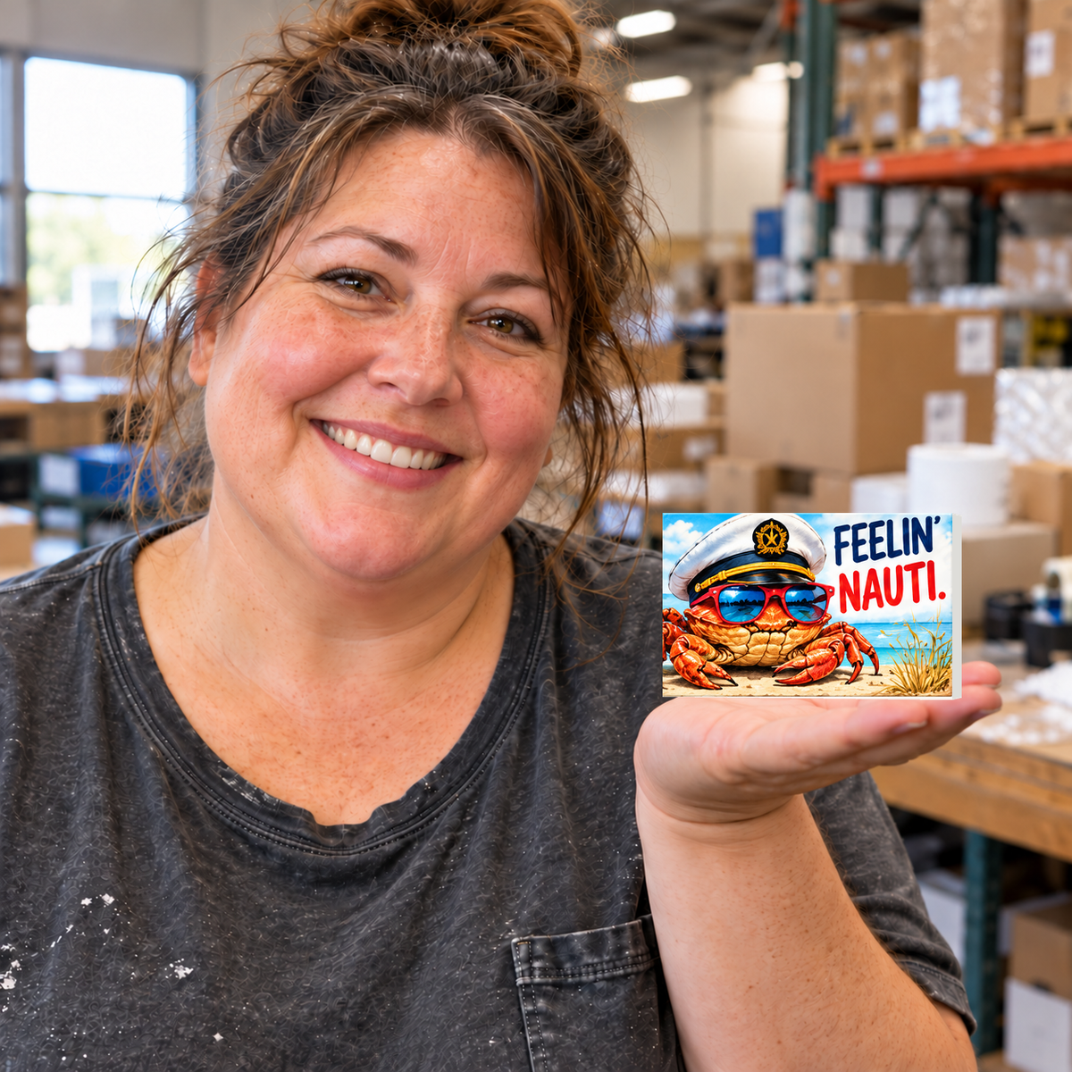 Feelin' Nauti rectangular magnet held on an open palm in a warehouse setting.