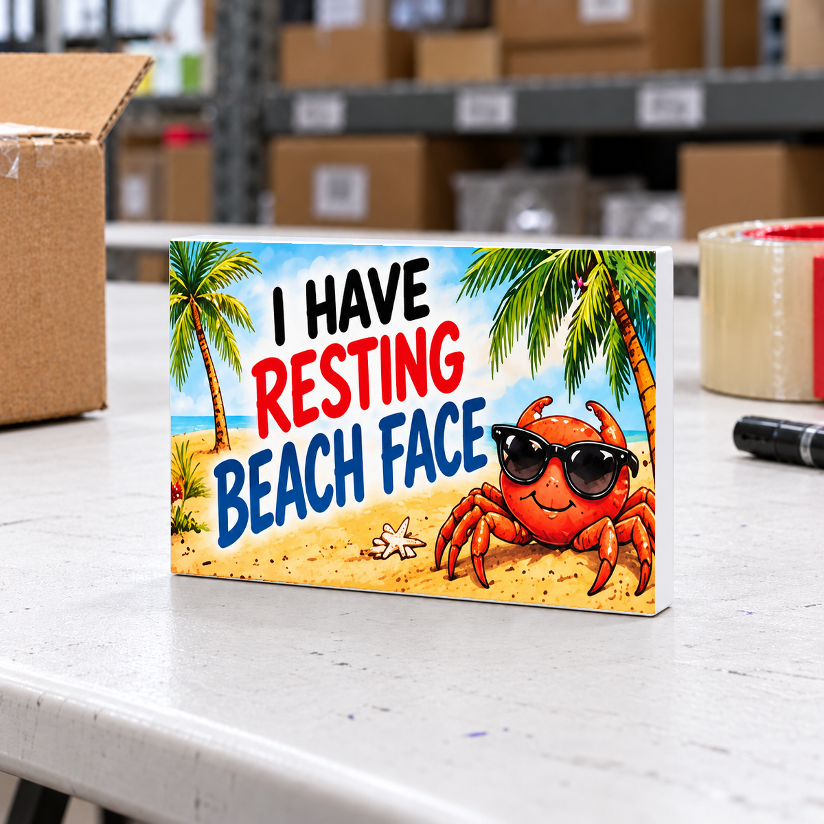 I Have Resting Beach Face mini sign on a white folding warehouse table with packing supplies.