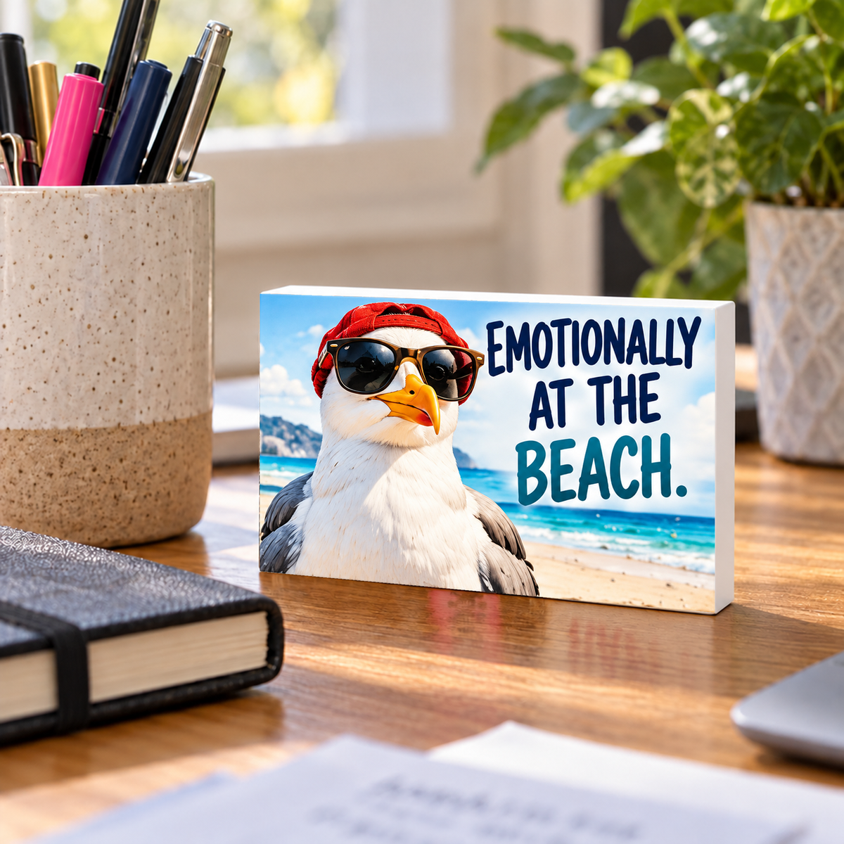Emotionally at the Beach rectangular mini sign standing on a desk with white PVC edges.