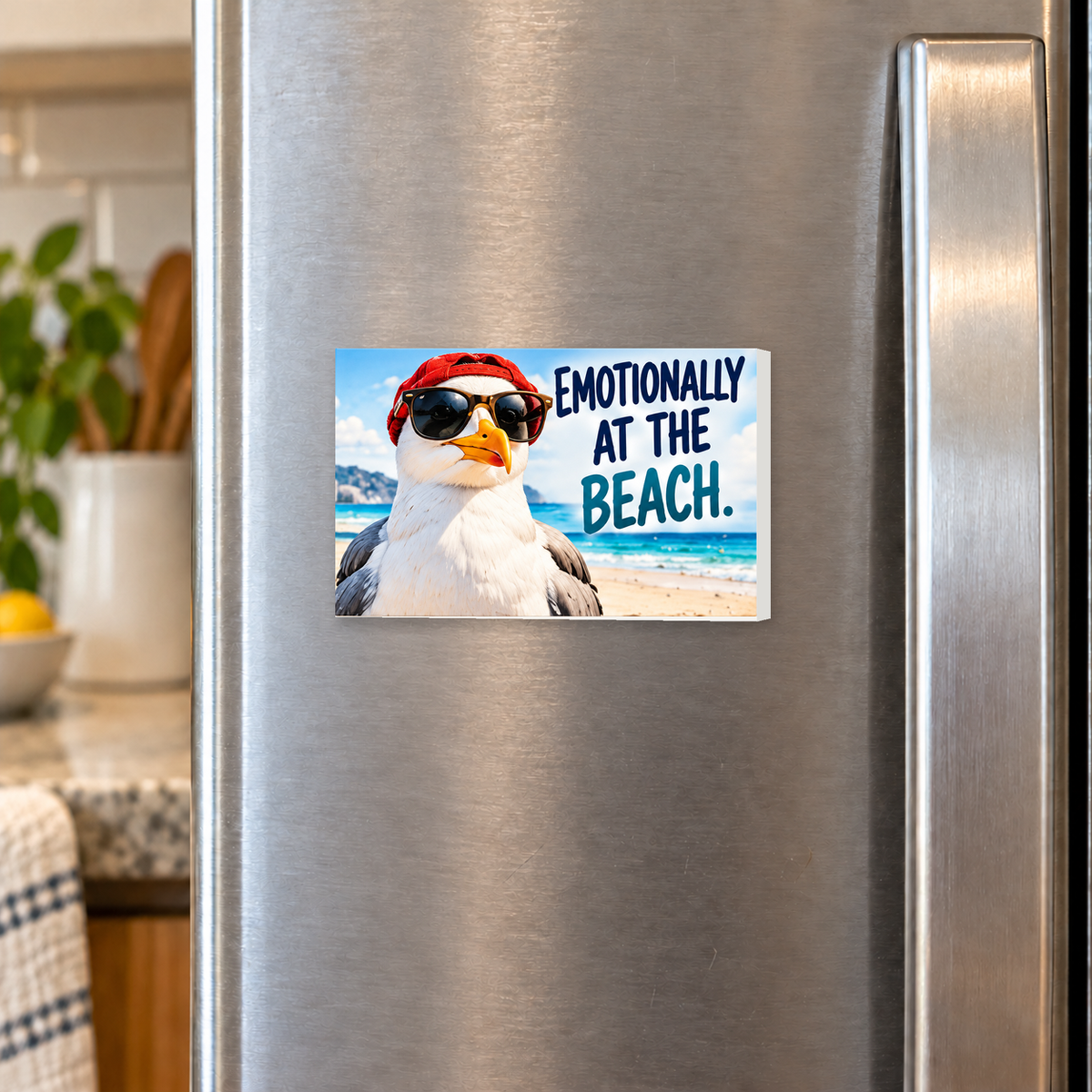 Emotionally at the Beach rectangular magnet shown front-facing on a refrigerator.