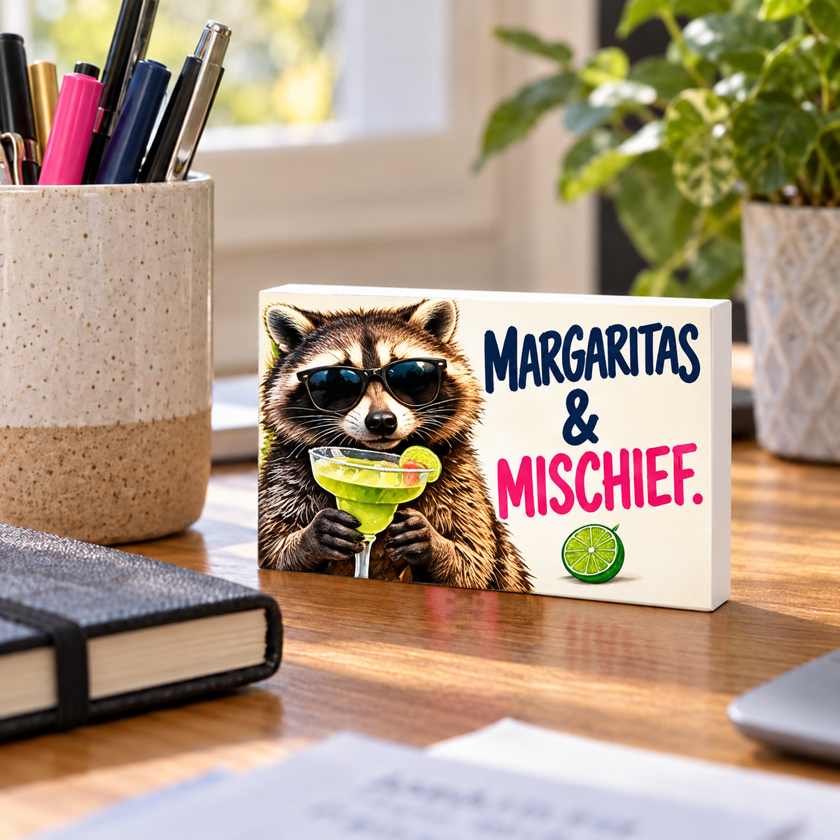 Margaritas & Mischief mini sign standing on a desk with white PVC edges.