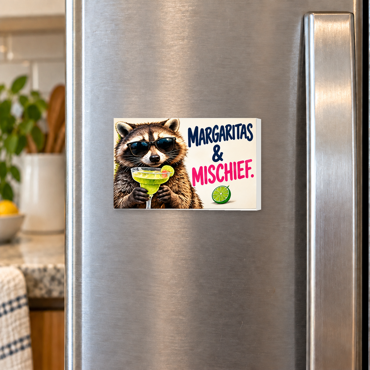 Margaritas & Mischief rectangular magnet shown front-facing on a refrigerator.