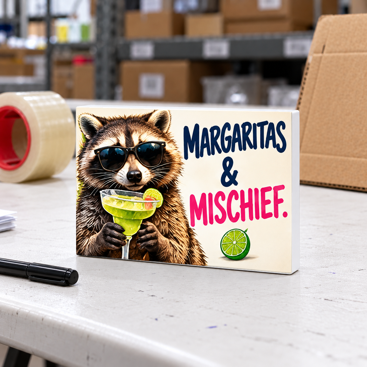 Margaritas & Mischief magnet and mini sign on a white folding warehouse table.