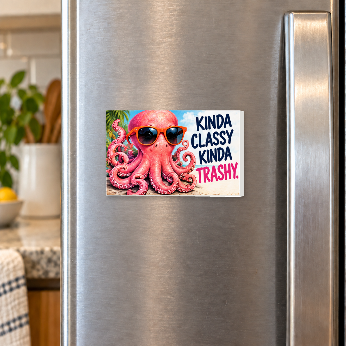 Kinda Classy Kinda Trashy rectangular magnet shown front-facing on a refrigerator.
