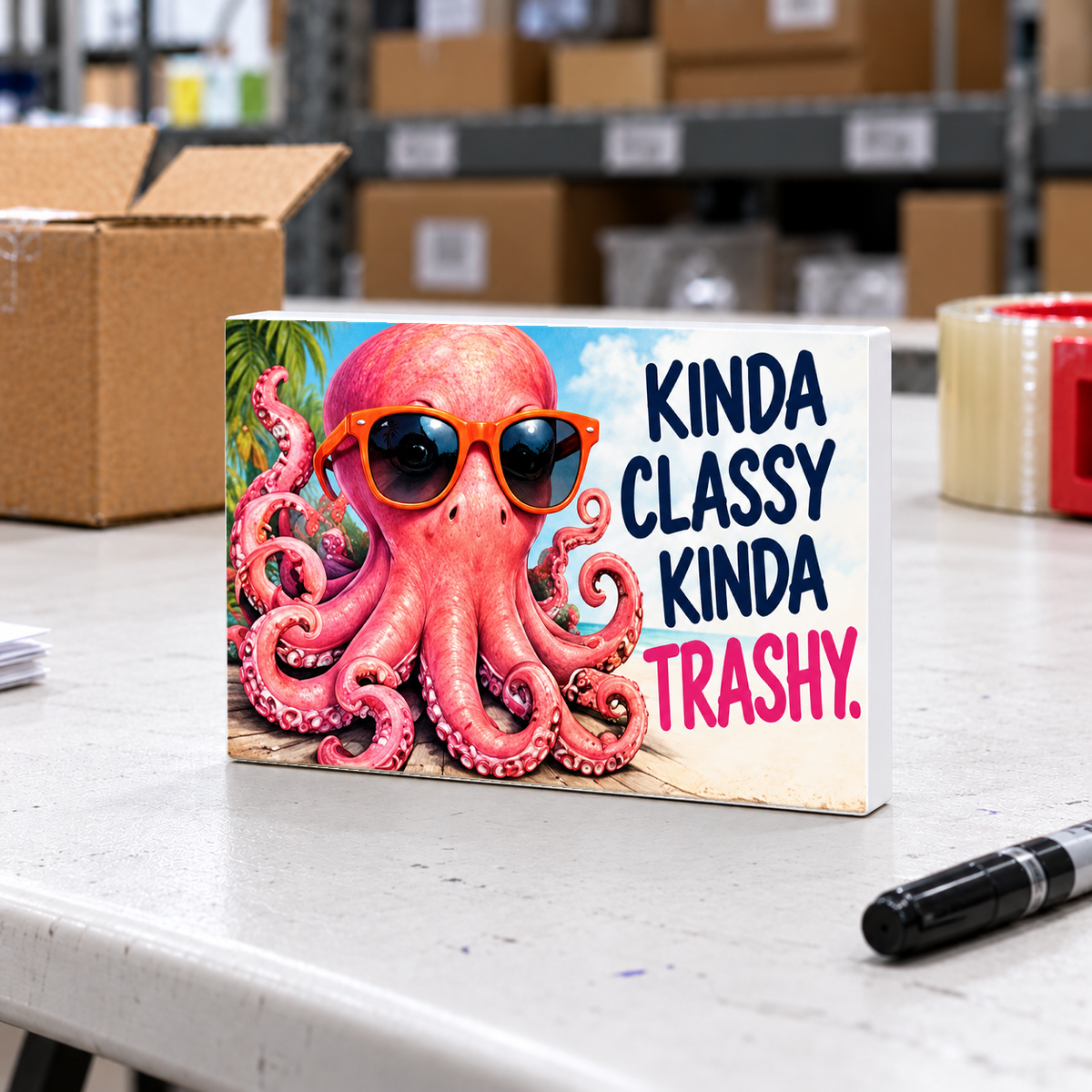 Kinda Classy Kinda Trashy magnet and mini sign on a white folding warehouse table.