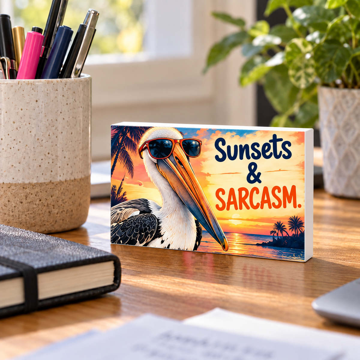 Sunsets & Sarcasm mini sign standing on a desk with white PVC edges.